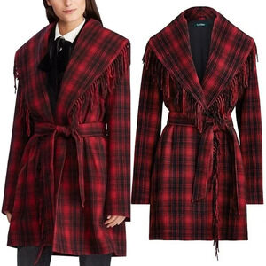 Lauren Ralph Lauren 18W Wool Blend Red Plaid Wrap Coat Fringe Italy